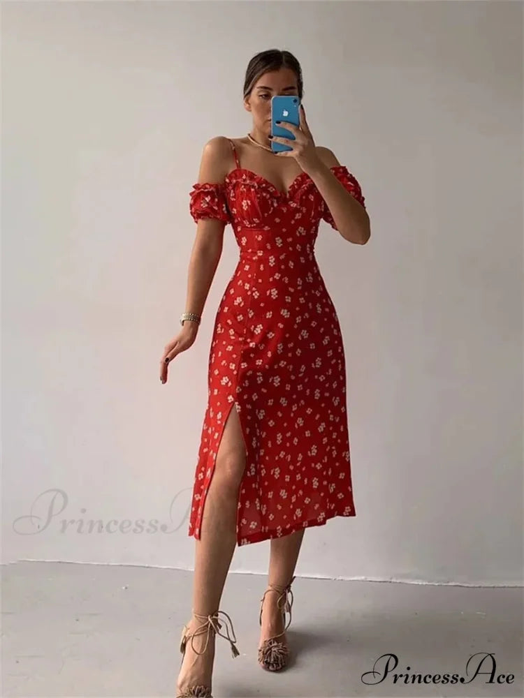 Off-Shoulder Frilly Suspender Short Sleeve Split Mid-Length A-Line Floral Dress

Modified Title: Off-The-Shoulder Ruffled Suspenders Short Sleeves Split Midi A-Line Floral Dress