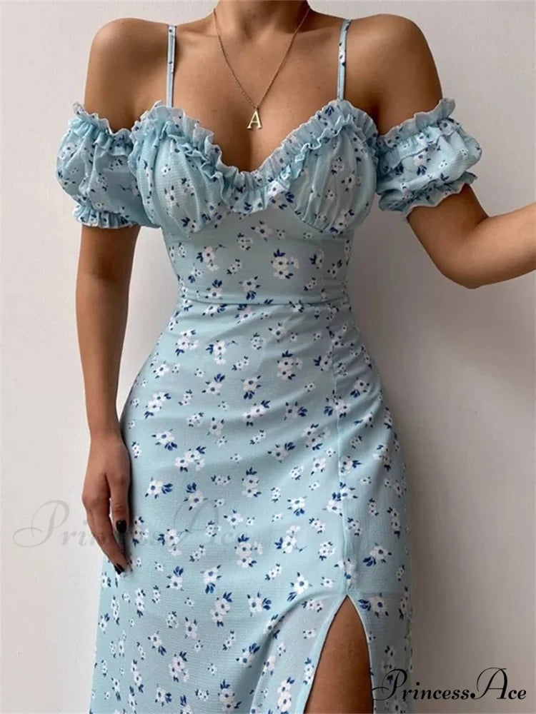 Off-Shoulder Frilly Suspender Short Sleeve Split Mid-Length A-Line Floral Dress

Modified Title: Off-The-Shoulder Ruffled Suspenders Short Sleeves Split Midi A-Line Floral Dress