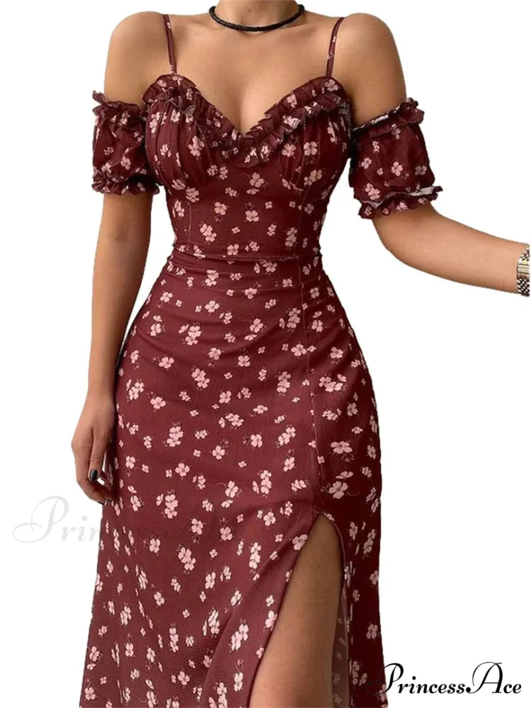 Off-Shoulder Frilly Suspender Short Sleeve Split Mid-Length A-Line Floral Dress

Modified Title: Off-The-Shoulder Ruffled Suspenders Short Sleeves Split Midi A-Line Floral Dress