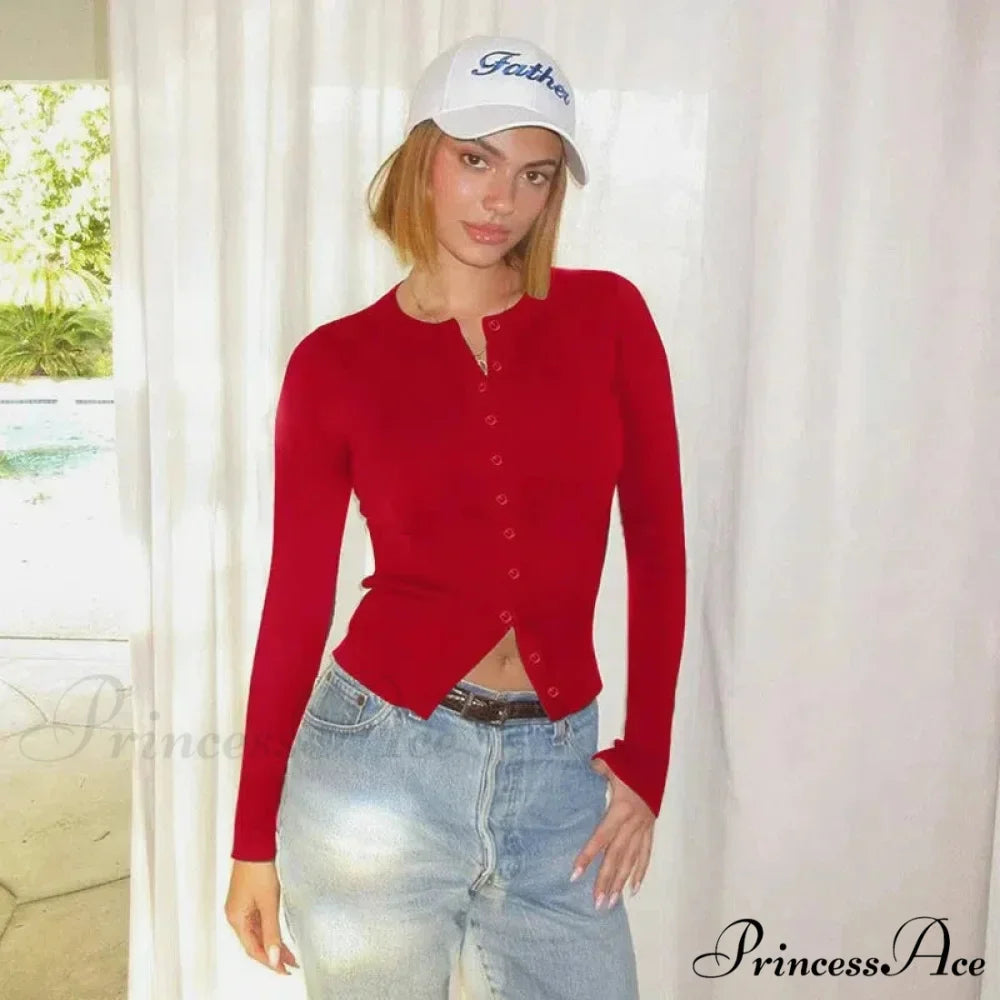 One Button Round Neck Full Sleeve Cropped Knit Cardigan
