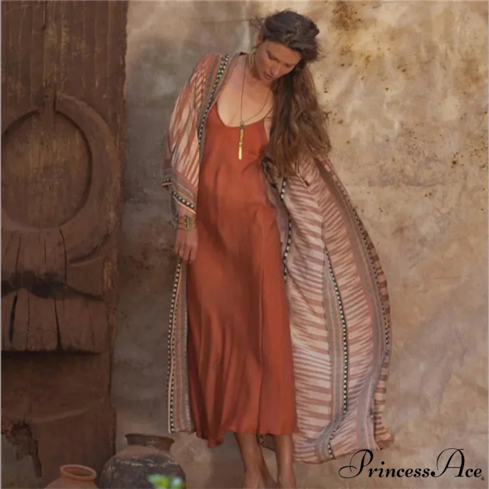 Orange Flowery Cotton Kimono Beach Cover up Bohemian