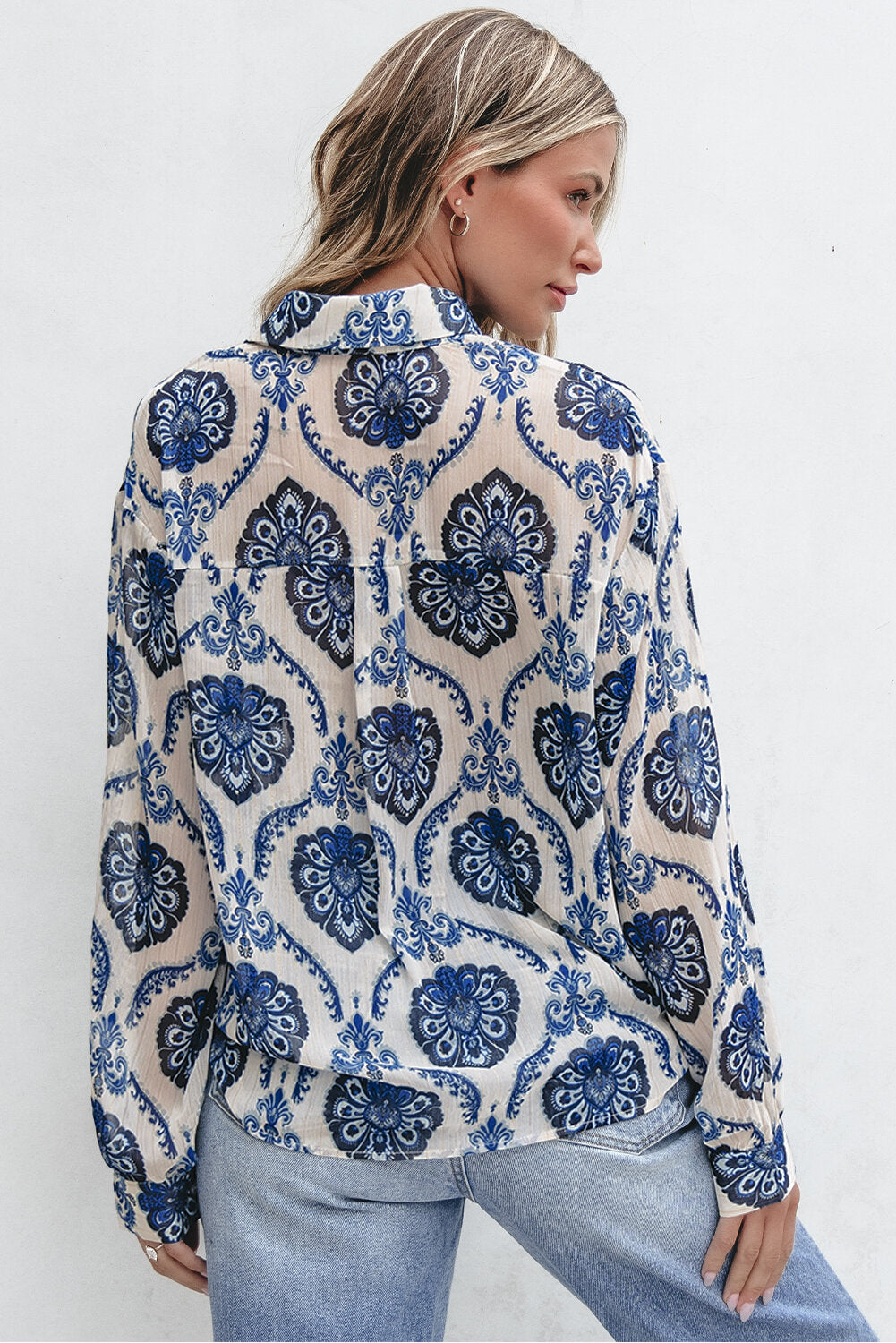 Blue Flowered Printed Extended Sleeve V-Neck Bohemian Top