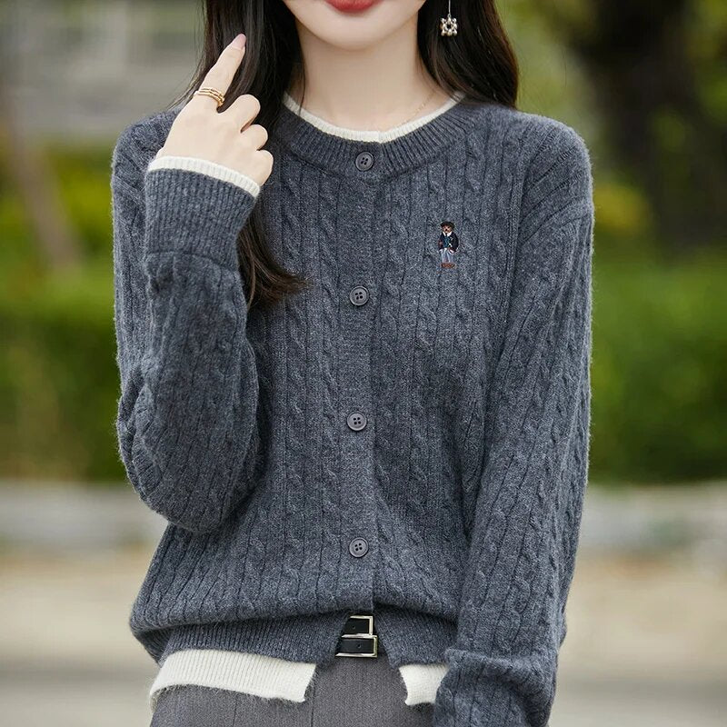 Stitched Small Bear Baggy Cashmere O-Neck Cardigan – view 2