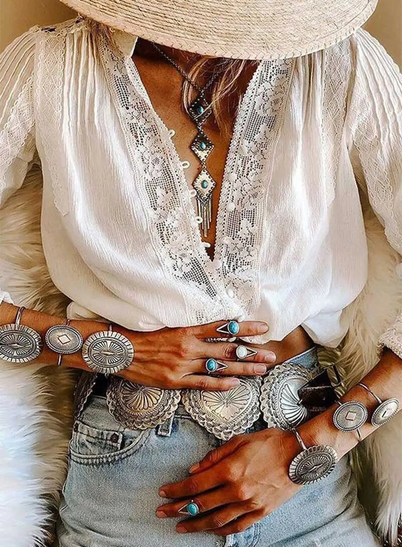 Fabric Flower Stitching Ivory Lace V-Neck Bohemian Top