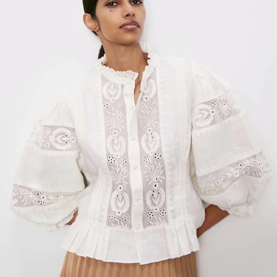 Ivory Lace Puff Sleeve Cotton Floral Embroidery Bohemian Top