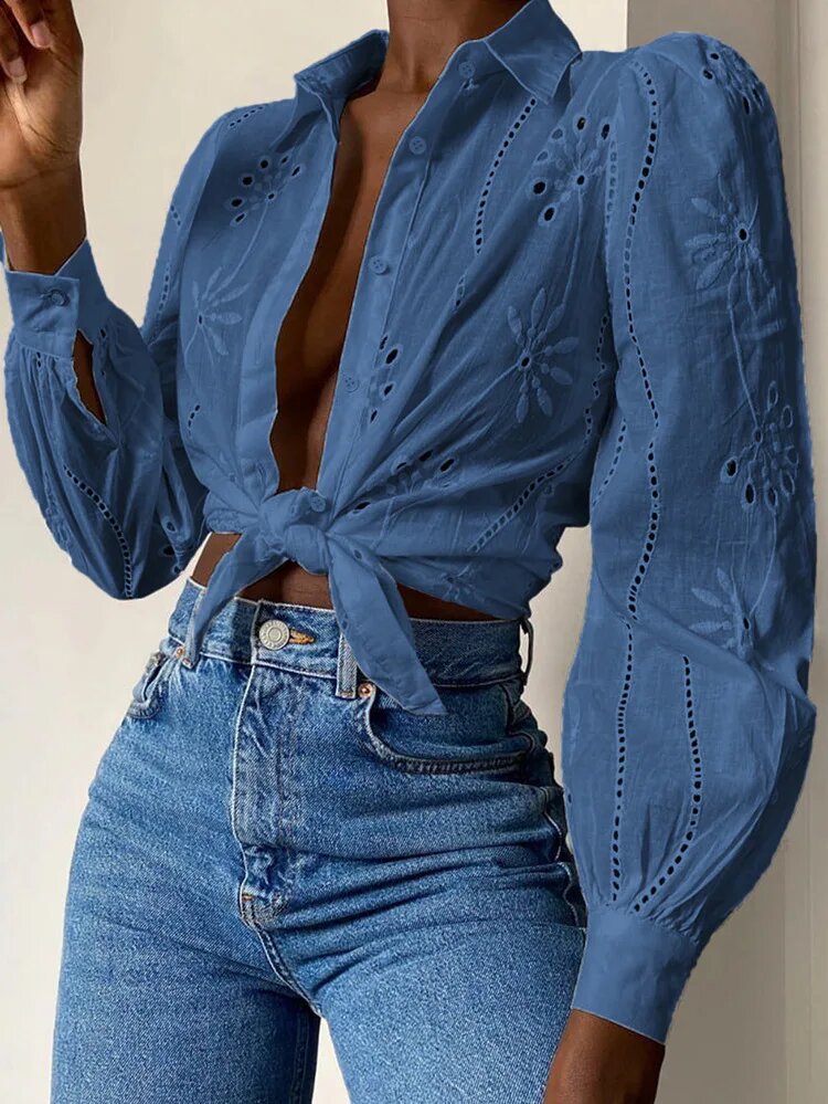 Antique Flower Stitching Hollow Out Puff Sleeve Boho Top