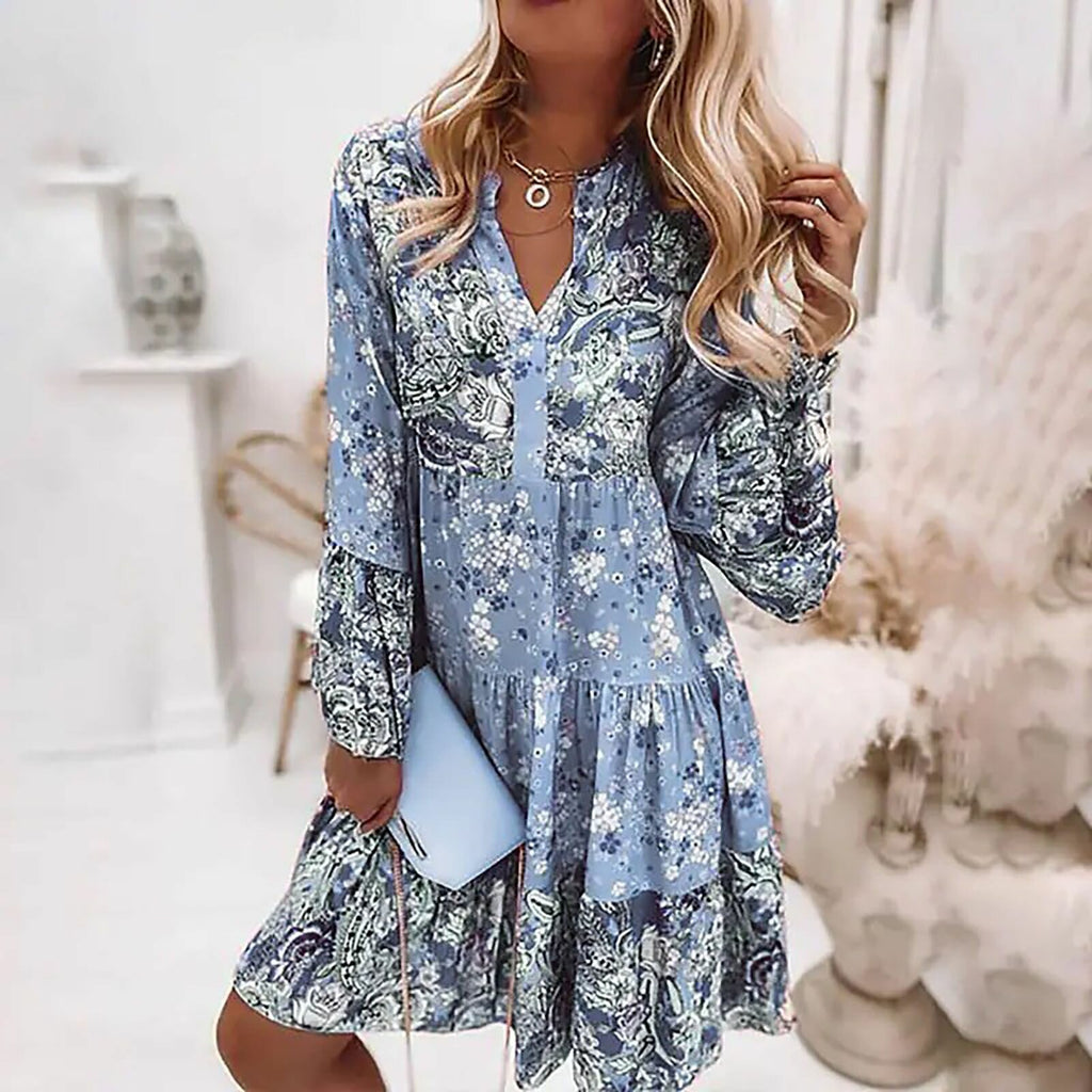 Bohemian Informal V-neck Relaxed A-line Floral Beach Party Dress