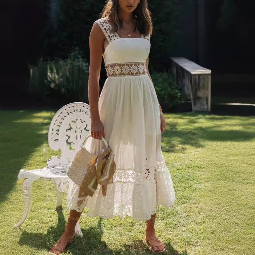 Cotton Sleeveless White Hollow Out Maxi Boho Sundress