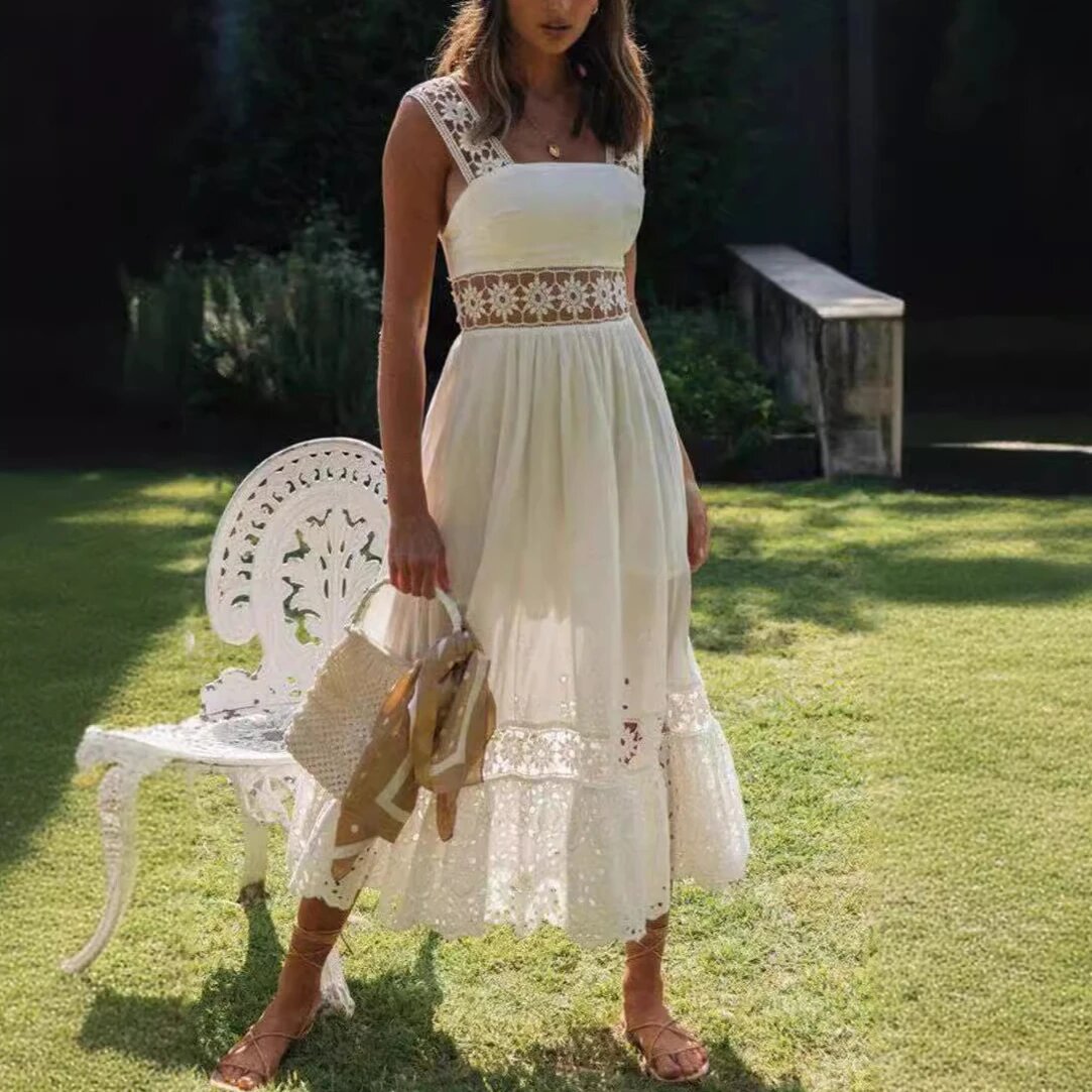 Cotton Sleeveless White Hollow Out Maxi Boho Sundress
