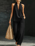 Denim Halter Wide Leg Two-Piece Set