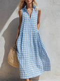 Gingham Check Collared Sleeveless Shirt Maxi Dress