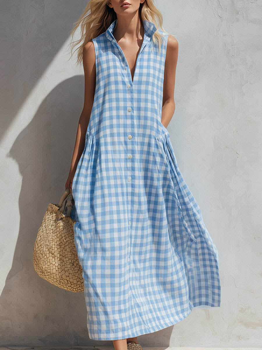Gingham Check Collared Sleeveless Shirt Maxi Dress
