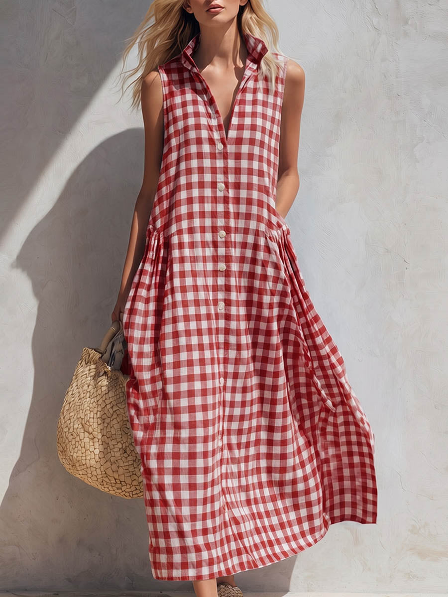 Gingham Check Collared Sleeveless Shirt Maxi Dress