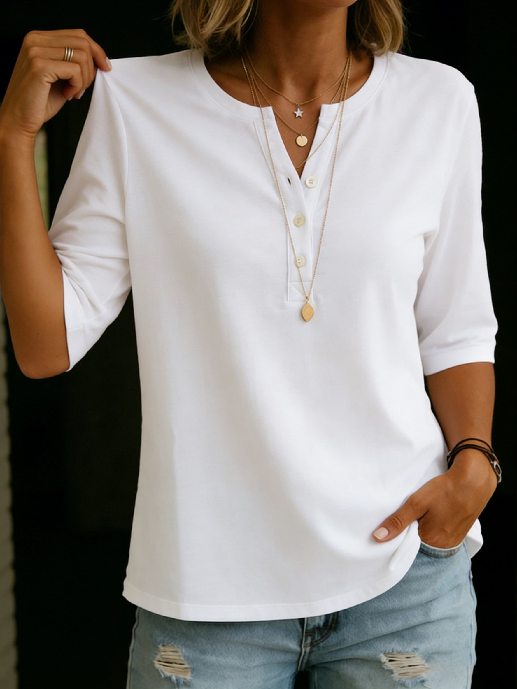 Notch Neck 3/4 Sleeve Relaxed Blouse