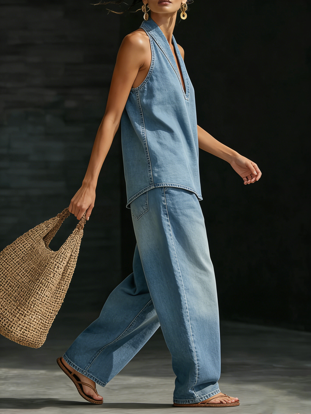 Denim Halter Wide Leg Two-Piece Set