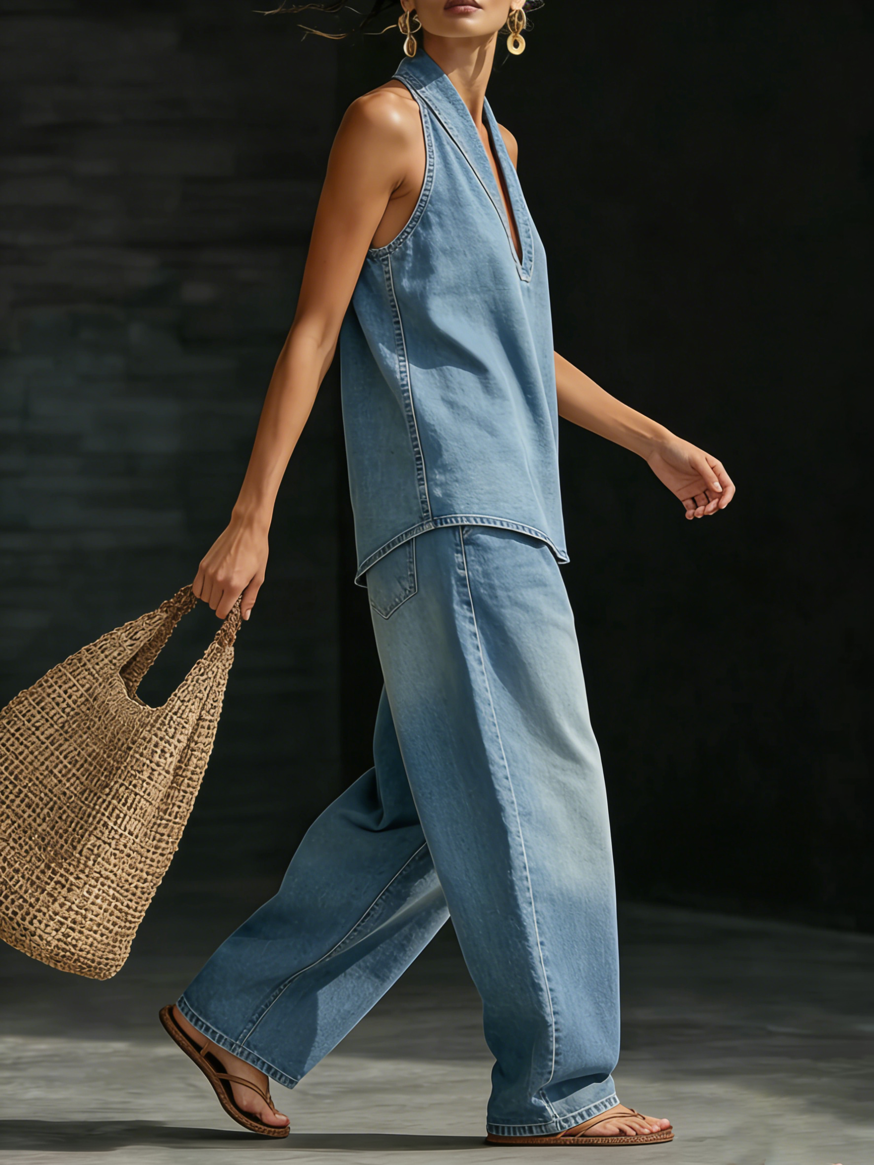Denim Halter Wide Leg Two-Piece Set