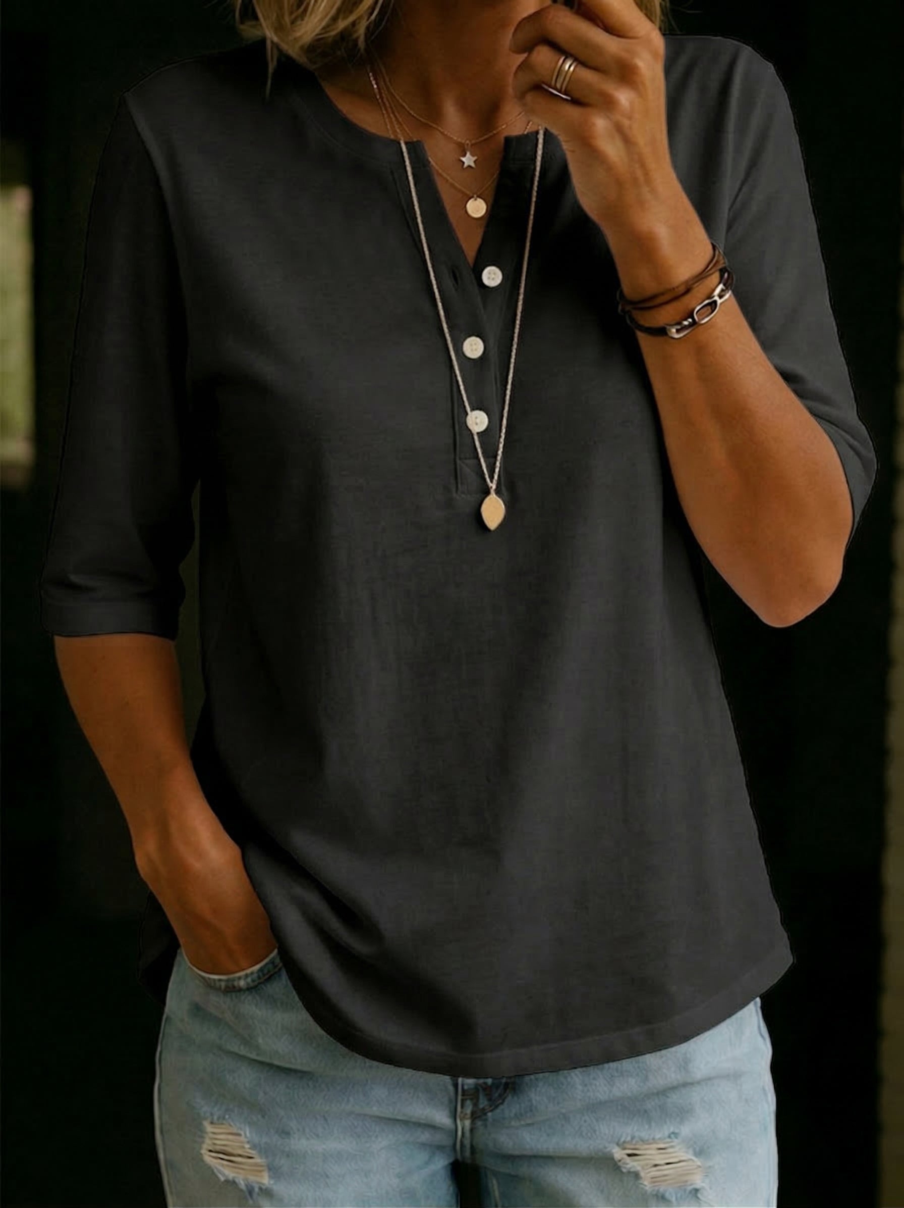 Notch Neck 3/4 Sleeve Relaxed Blouse