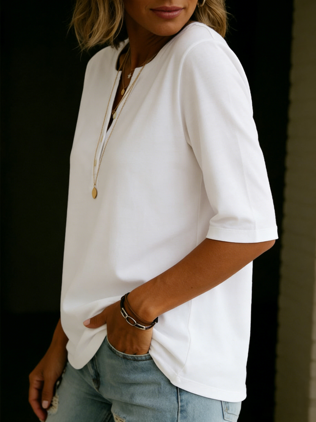 Notch Neck 3/4 Sleeve Relaxed Blouse