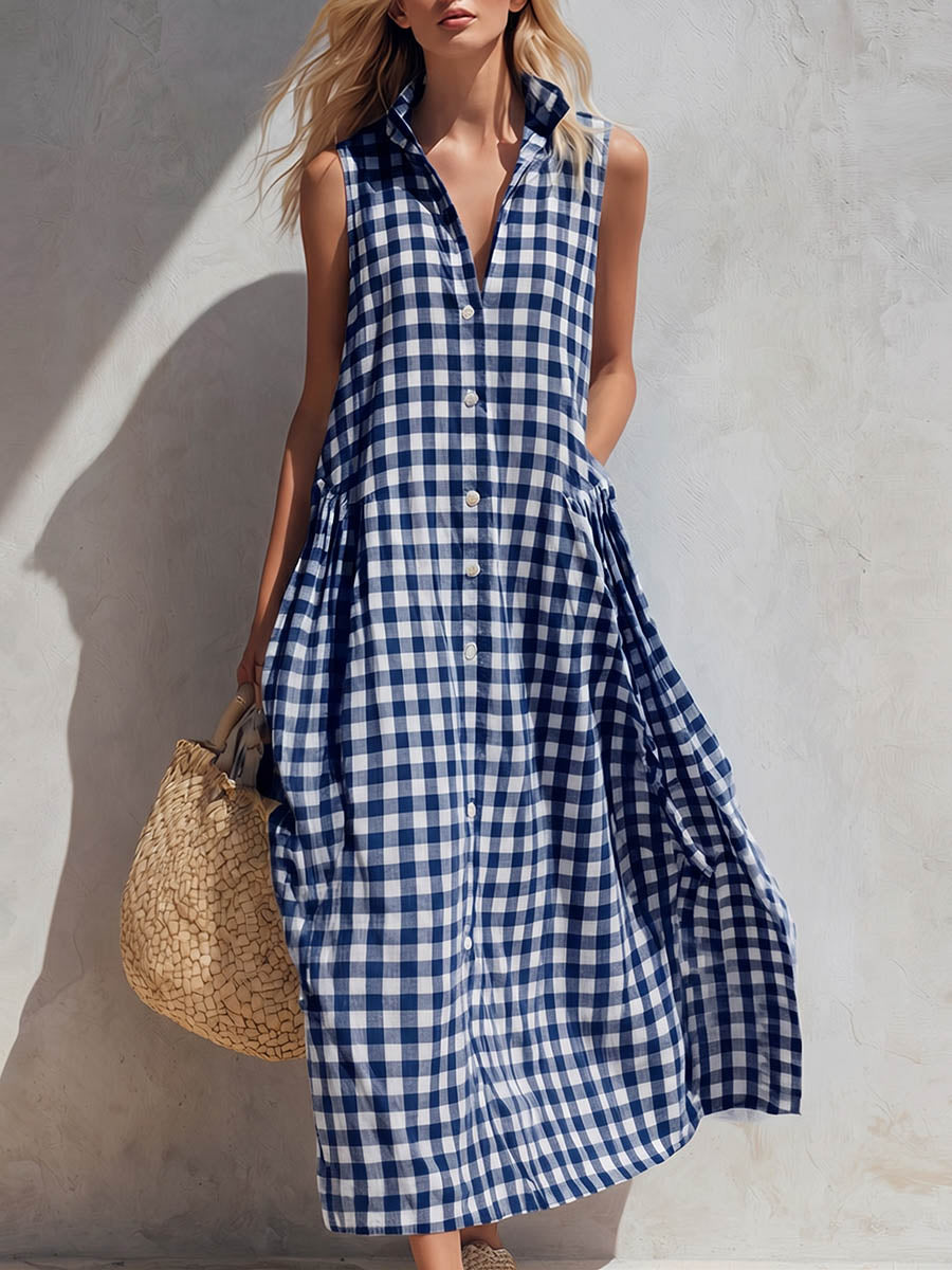 Gingham Check Collared Sleeveless Shirt Maxi Dress