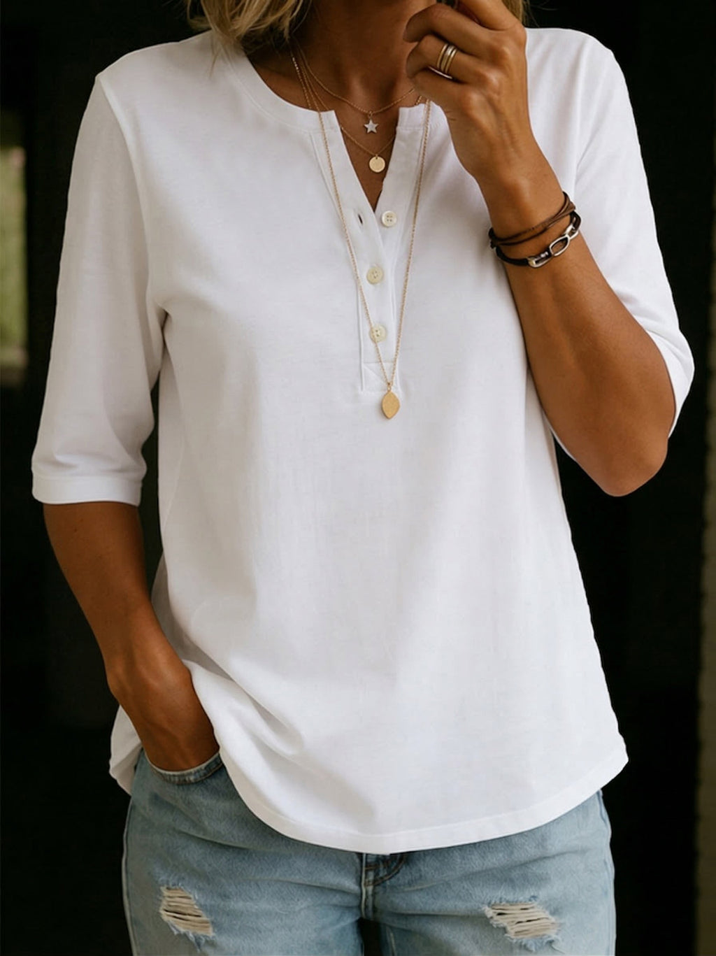 Notch Neck 3/4 Sleeve Relaxed Blouse