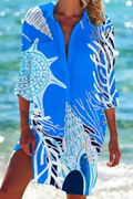 Seashell Coral Print Collared Button Down Beach Cover Up