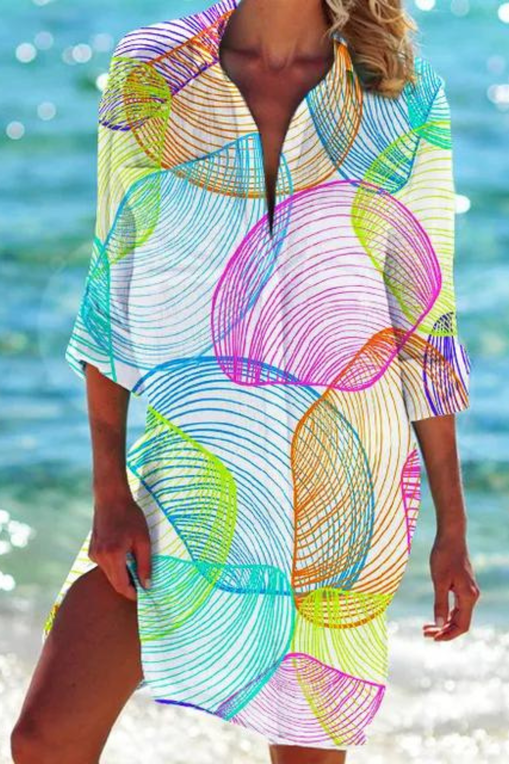 Seashell Coral Print Collared Button Down Beach Cover Up