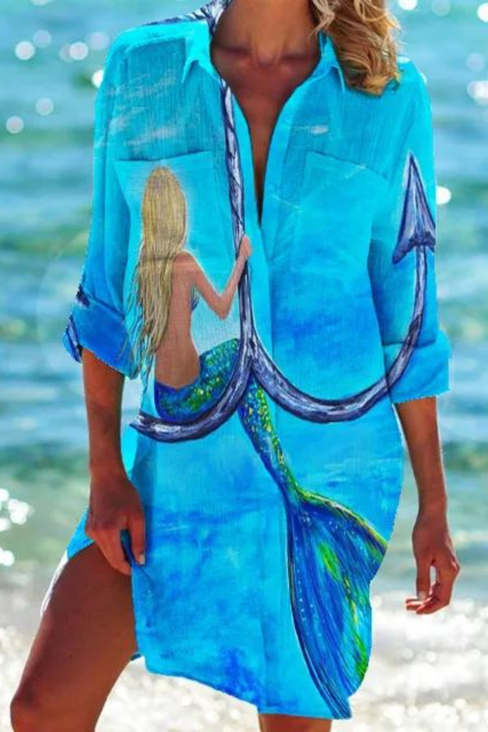 Seashell Coral Print Collared Button Down Beach Cover Up
