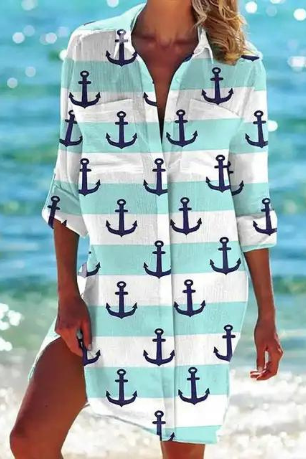 Seashell Coral Print Collared Button Down Beach Cover Up