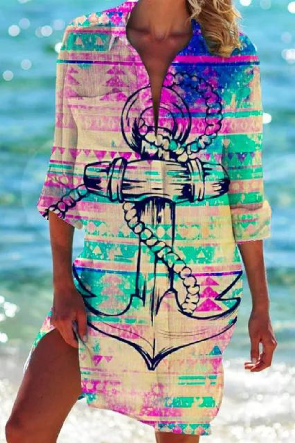 Seashell Coral Print Collared Button Down Beach Cover Up