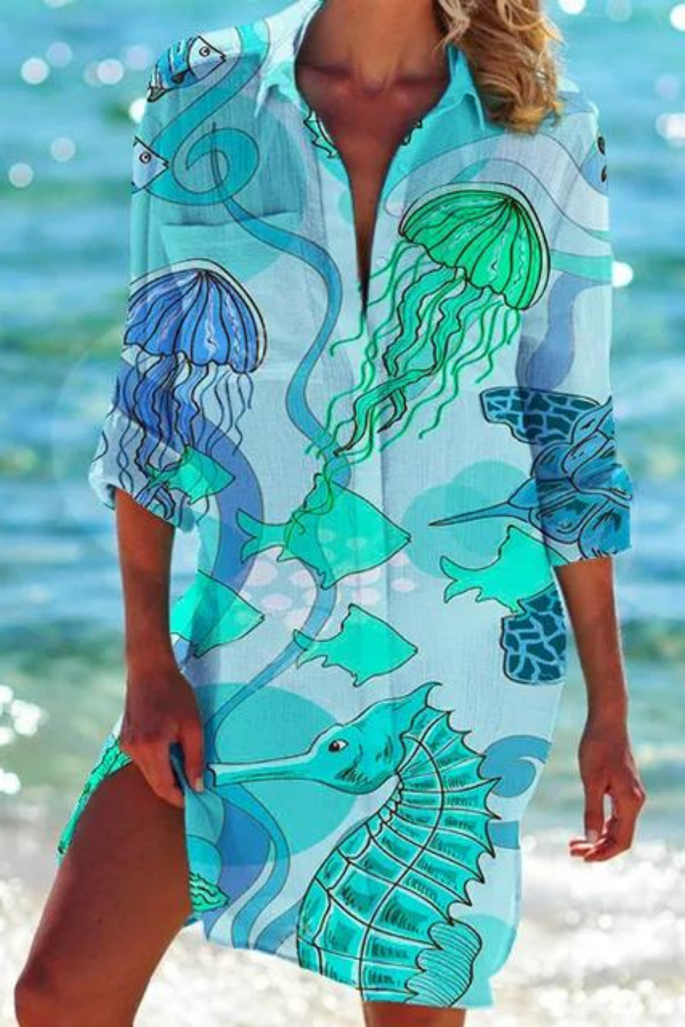 Seashell Coral Print Collared Button Down Beach Cover Up