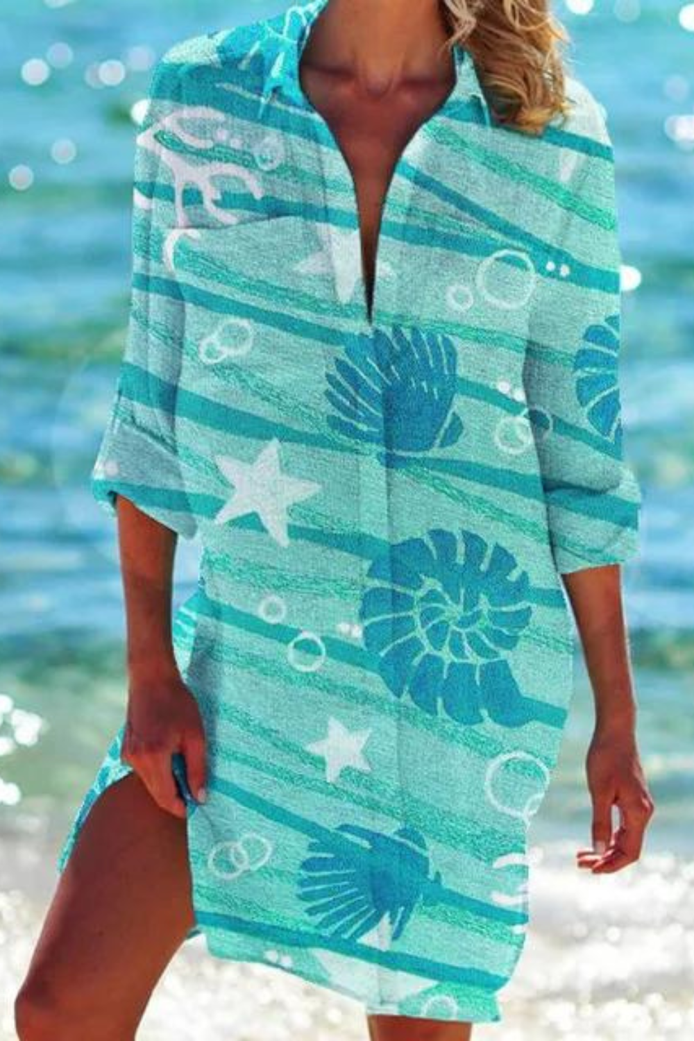 Seashell Coral Print Collared Button Down Beach Cover Up