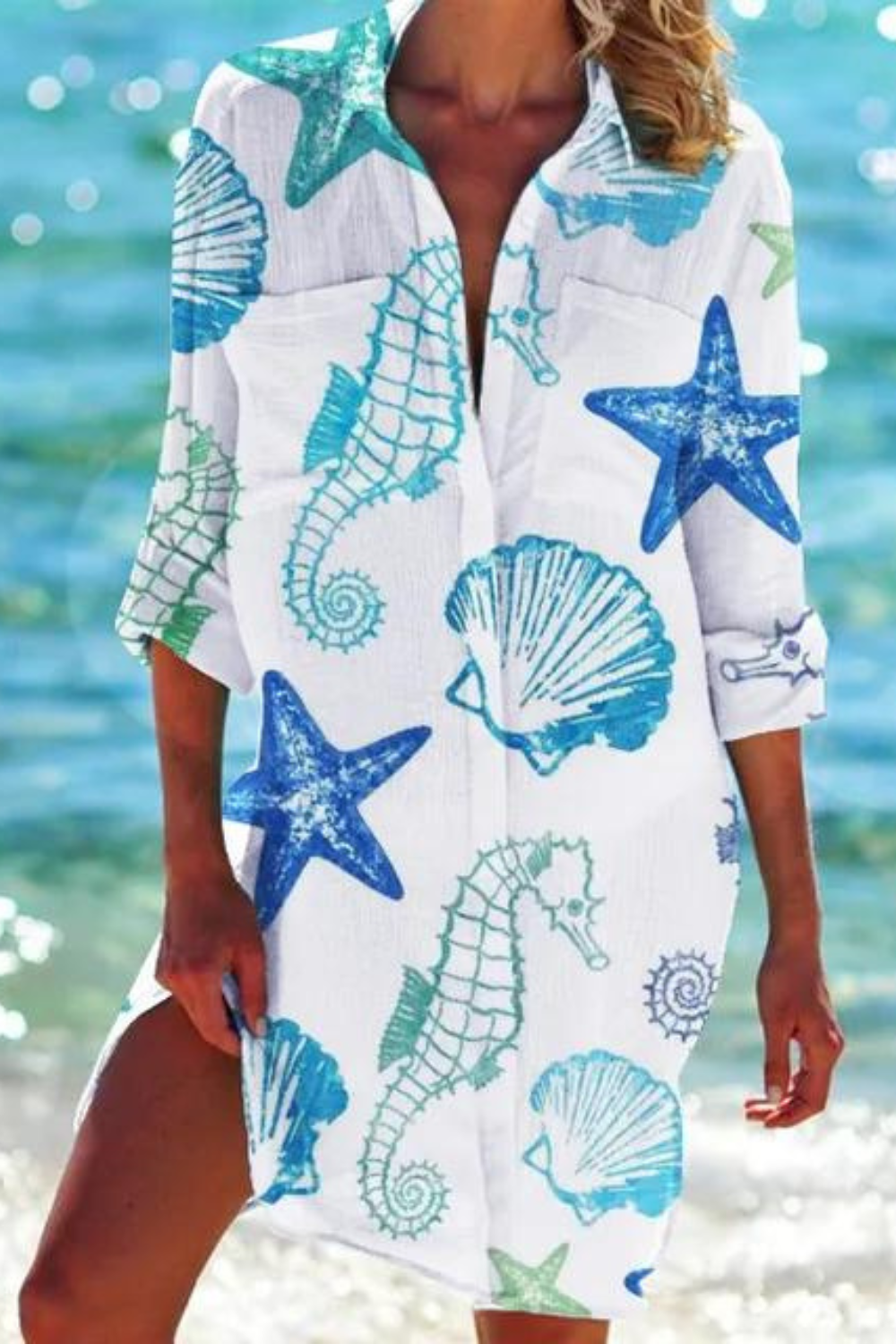 Seashell Coral Print Collared Button Down Beach Cover Up