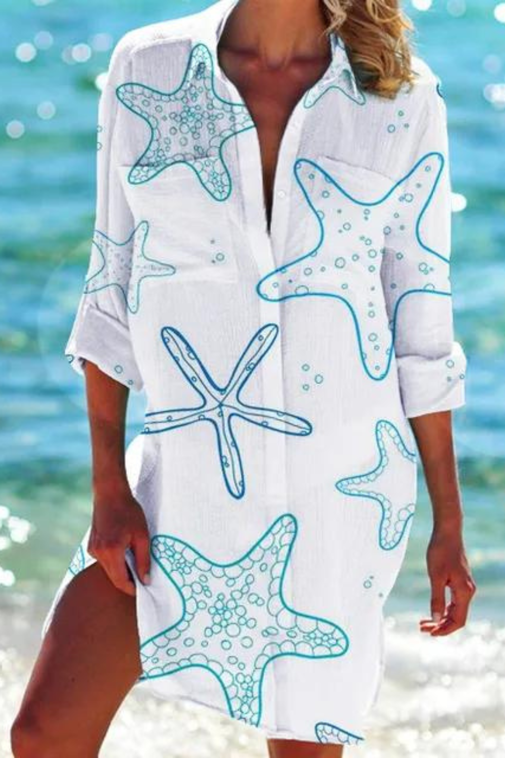 Seashell Coral Print Collared Button Down Beach Cover Up