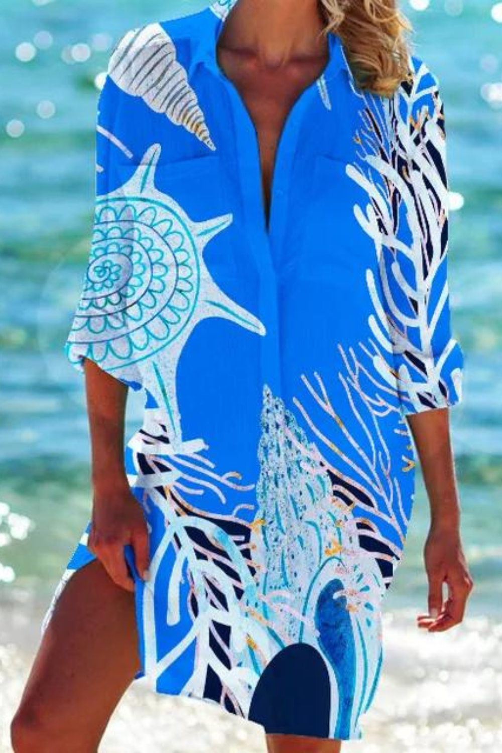 Seashell Coral Print Collared Button Down Beach Cover Up