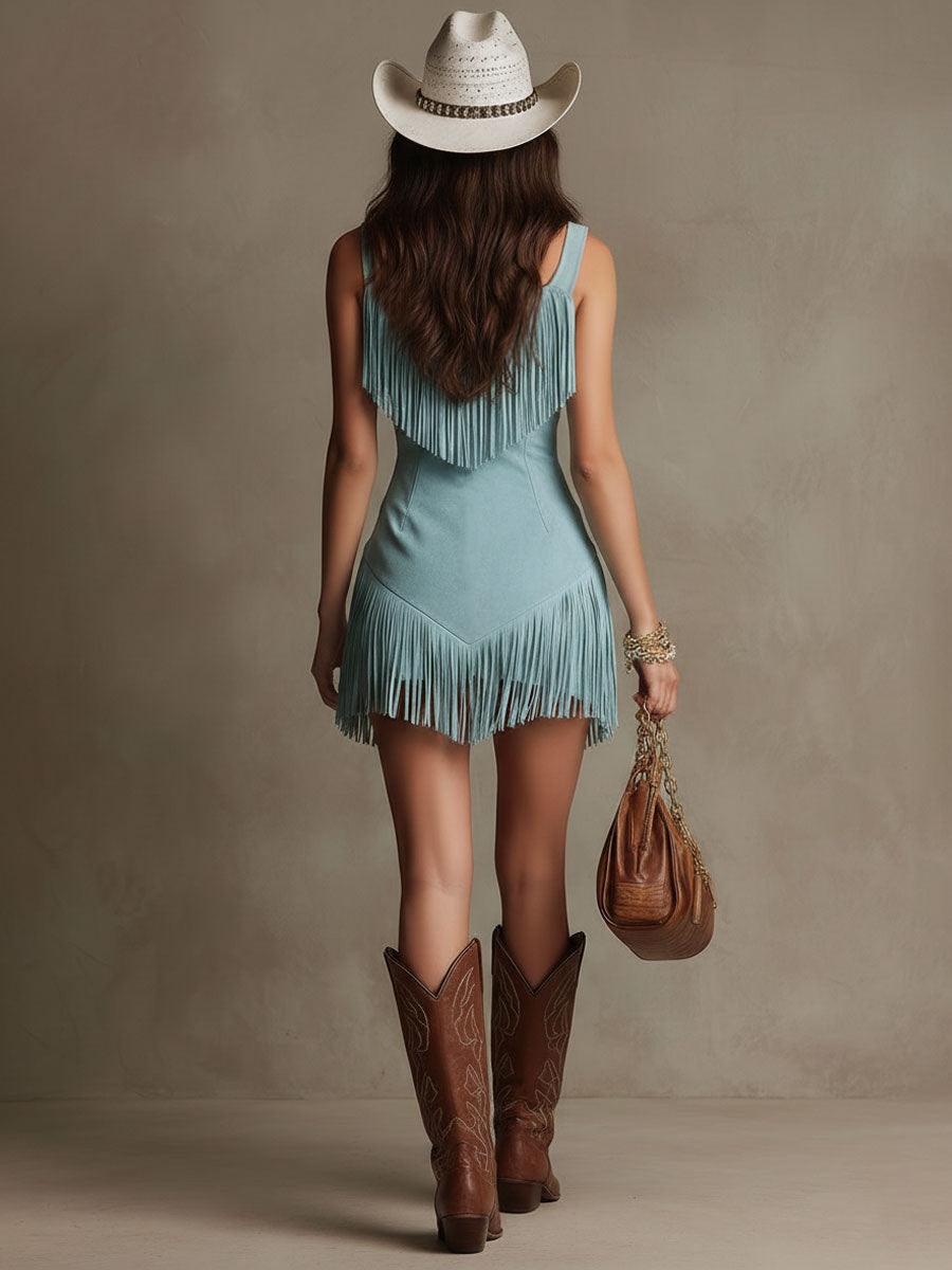 Fringe Trim Deep V-Neck Zip Front Suede Mini Dress