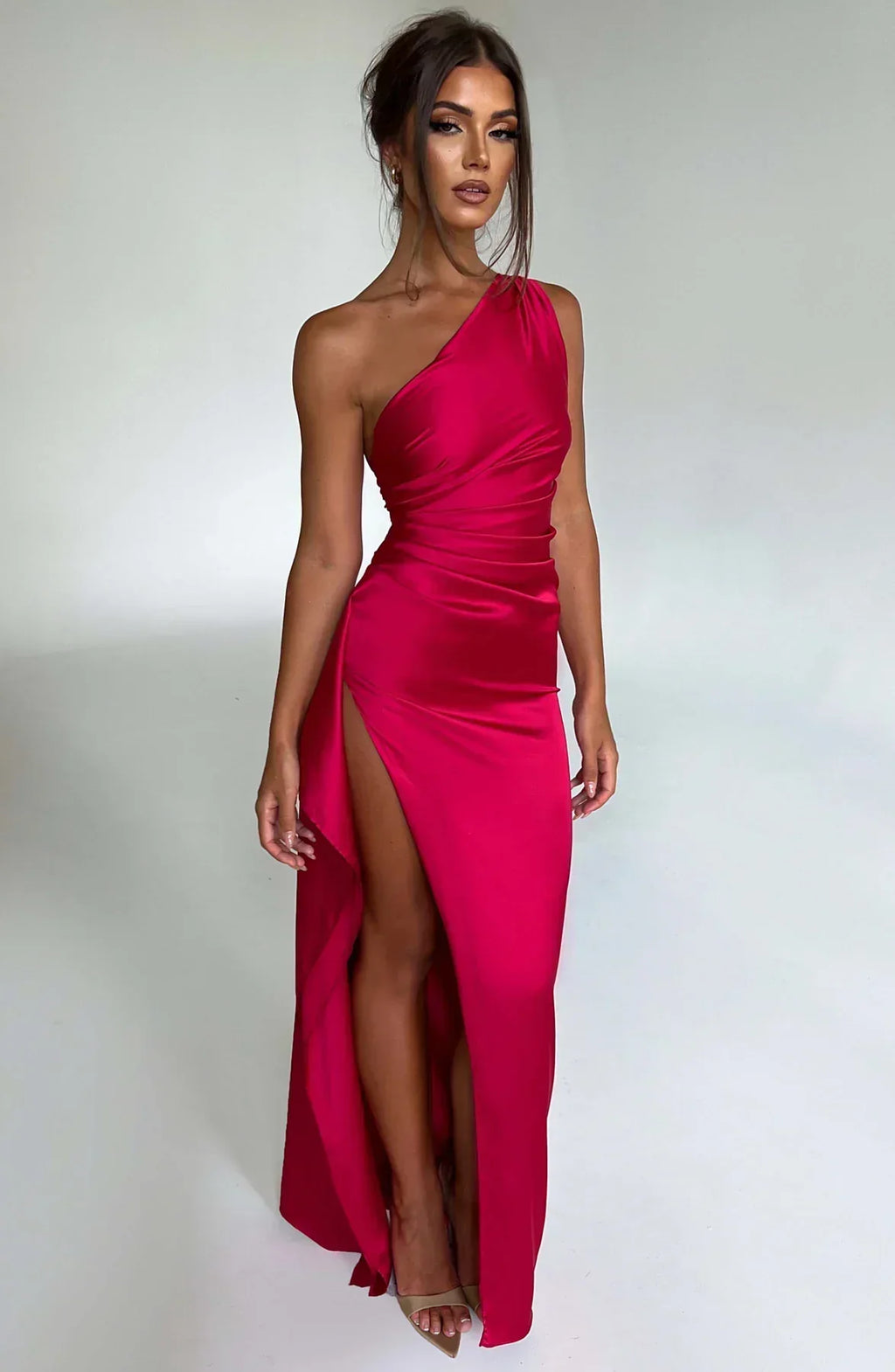 Ruched One Shoulder Satin Maxi Dress - Formal Evening Gown