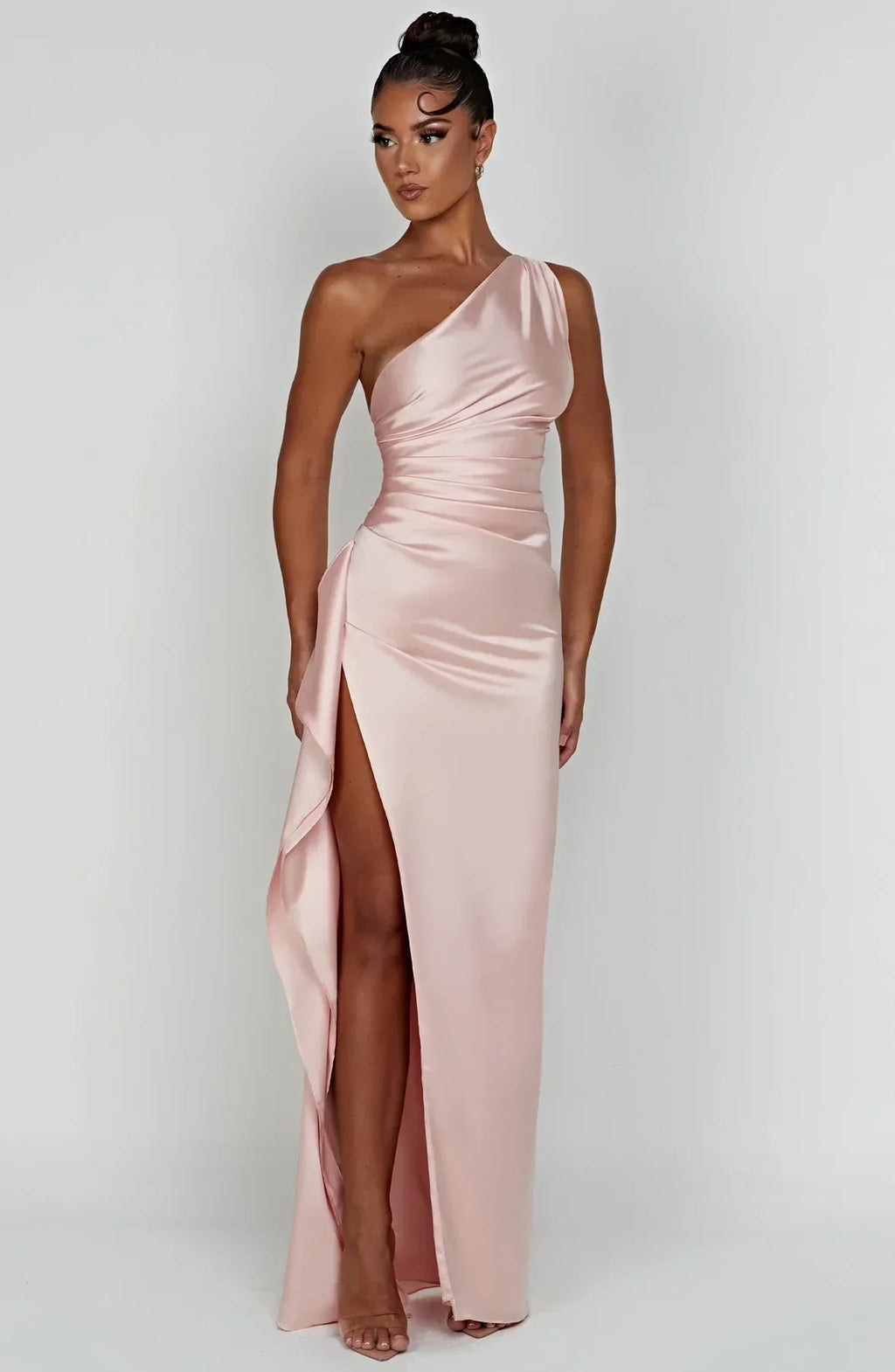 Ruched One Shoulder Satin Maxi Dress - Formal Evening Gown