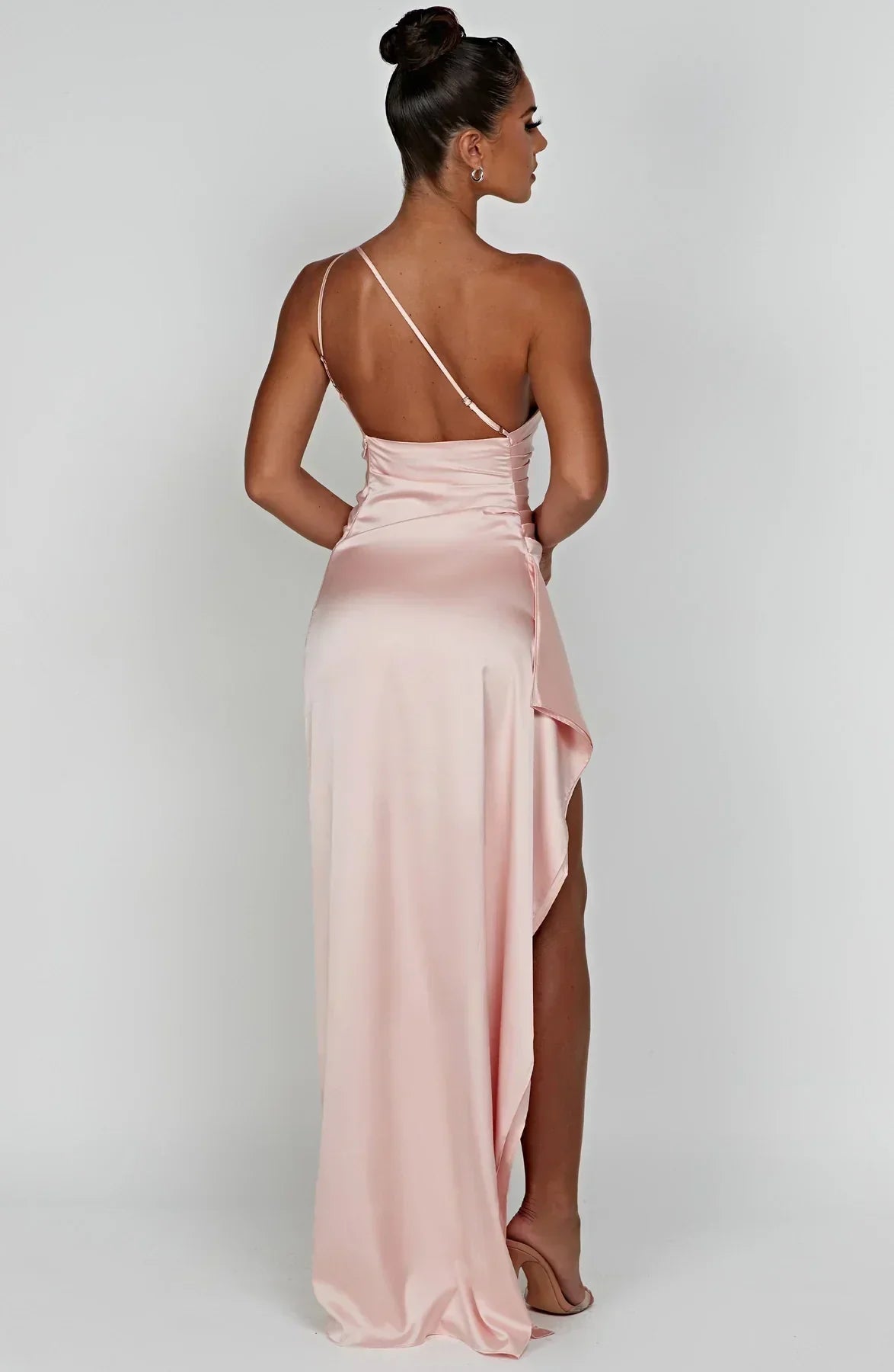 Ruched One Shoulder Satin Maxi Dress - Formal Evening Gown