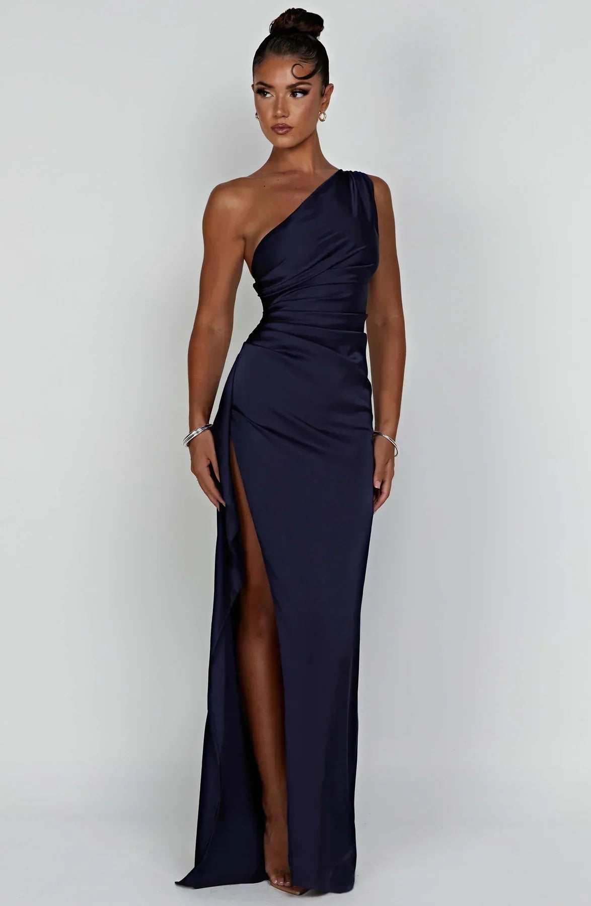 Ruched One Shoulder Satin Maxi Dress - Formal Evening Gown