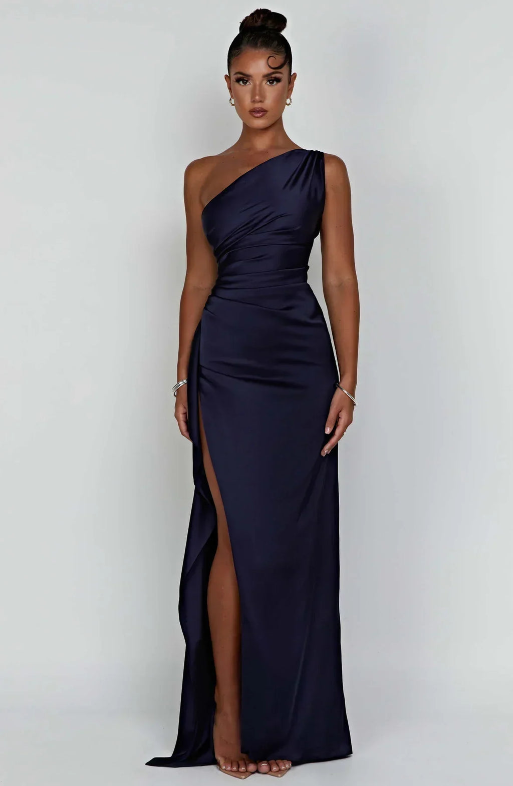 Ruched One Shoulder Satin Maxi Dress - Formal Evening Gown