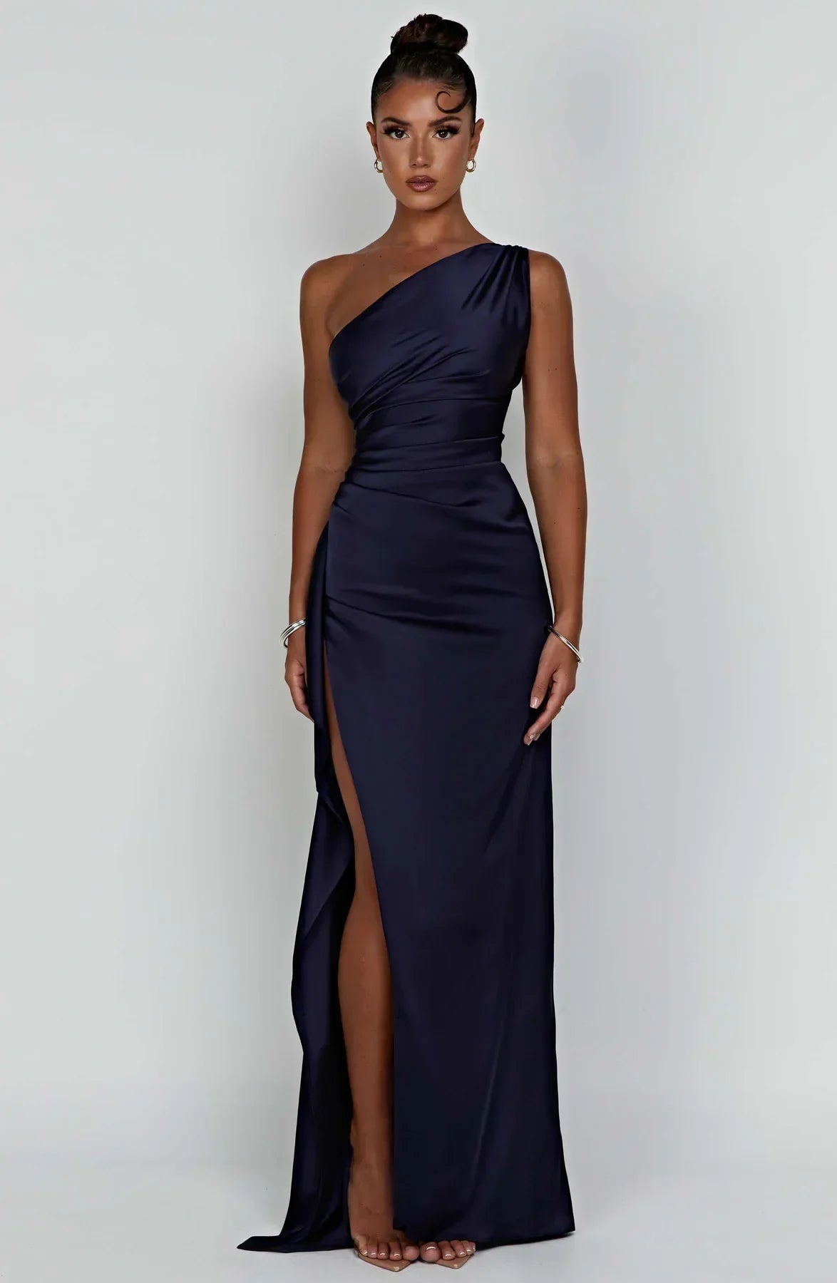 Ruched One Shoulder Satin Maxi Dress - Formal Evening Gown