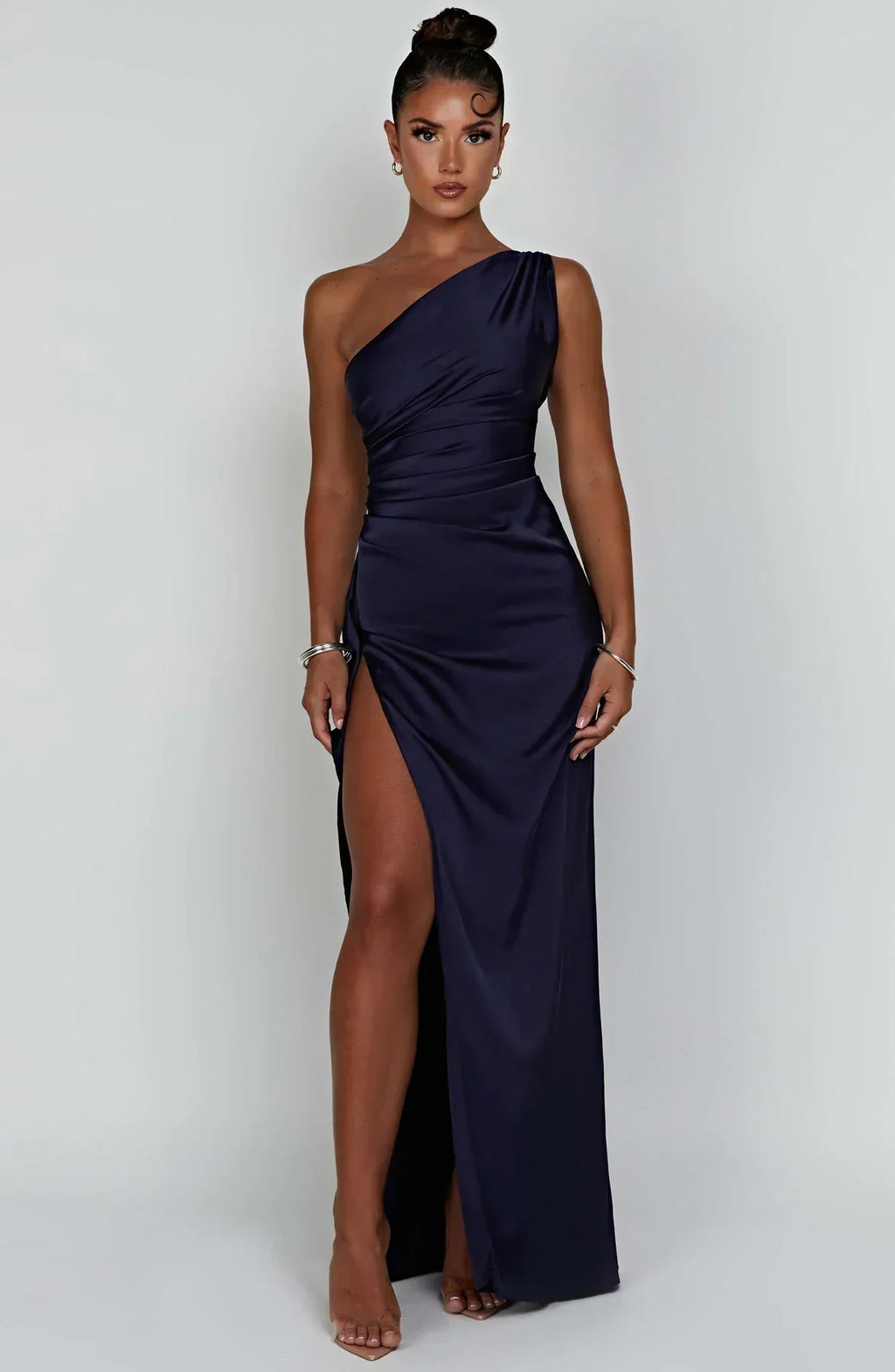 Ruched One Shoulder Satin Maxi Dress - Formal Evening Gown