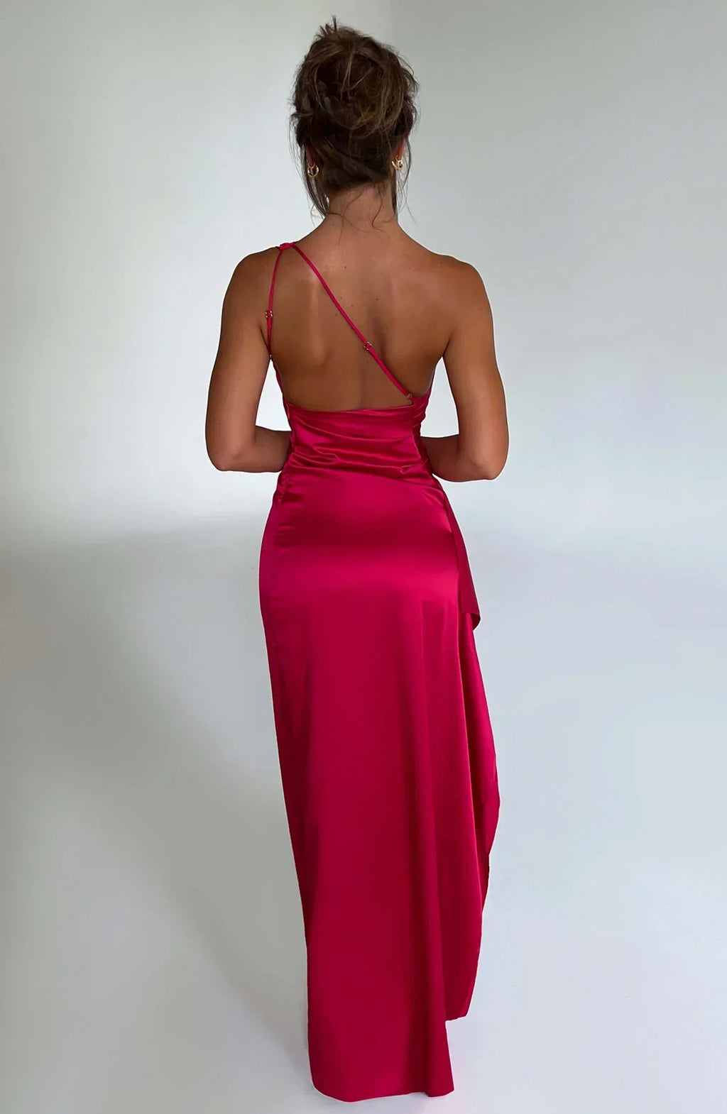 Ruched One Shoulder Satin Maxi Dress - Formal Evening Gown