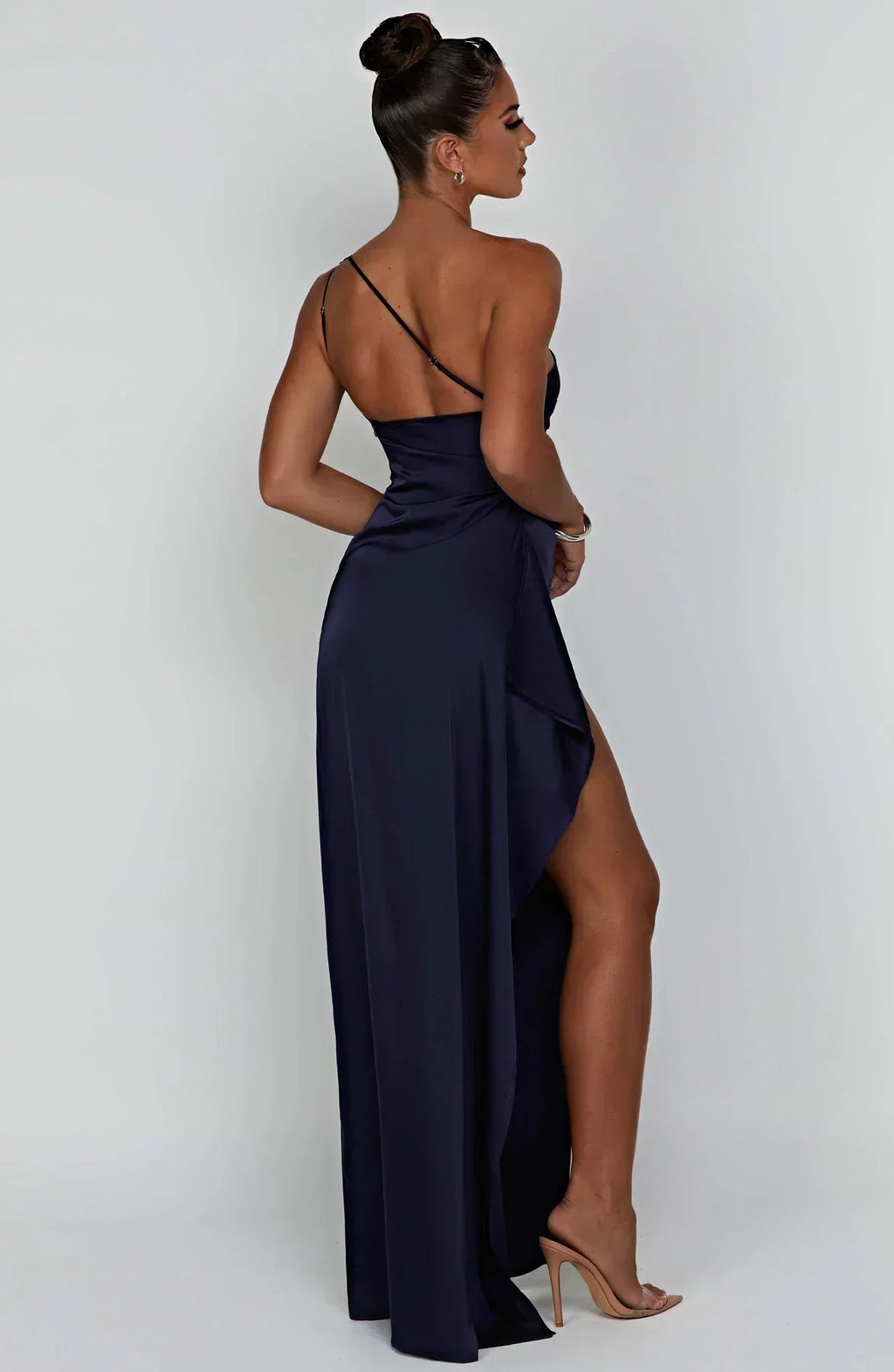 Ruched One Shoulder Satin Maxi Dress - Formal Evening Gown