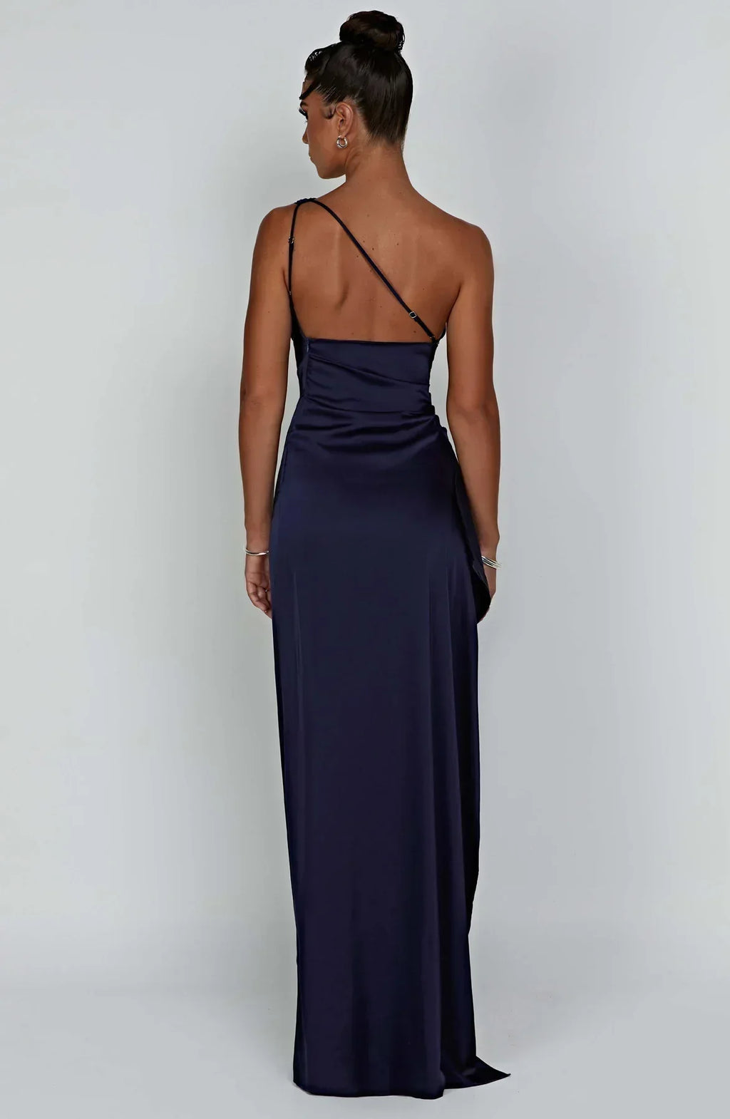 Ruched One Shoulder Satin Maxi Dress - Formal Evening Gown