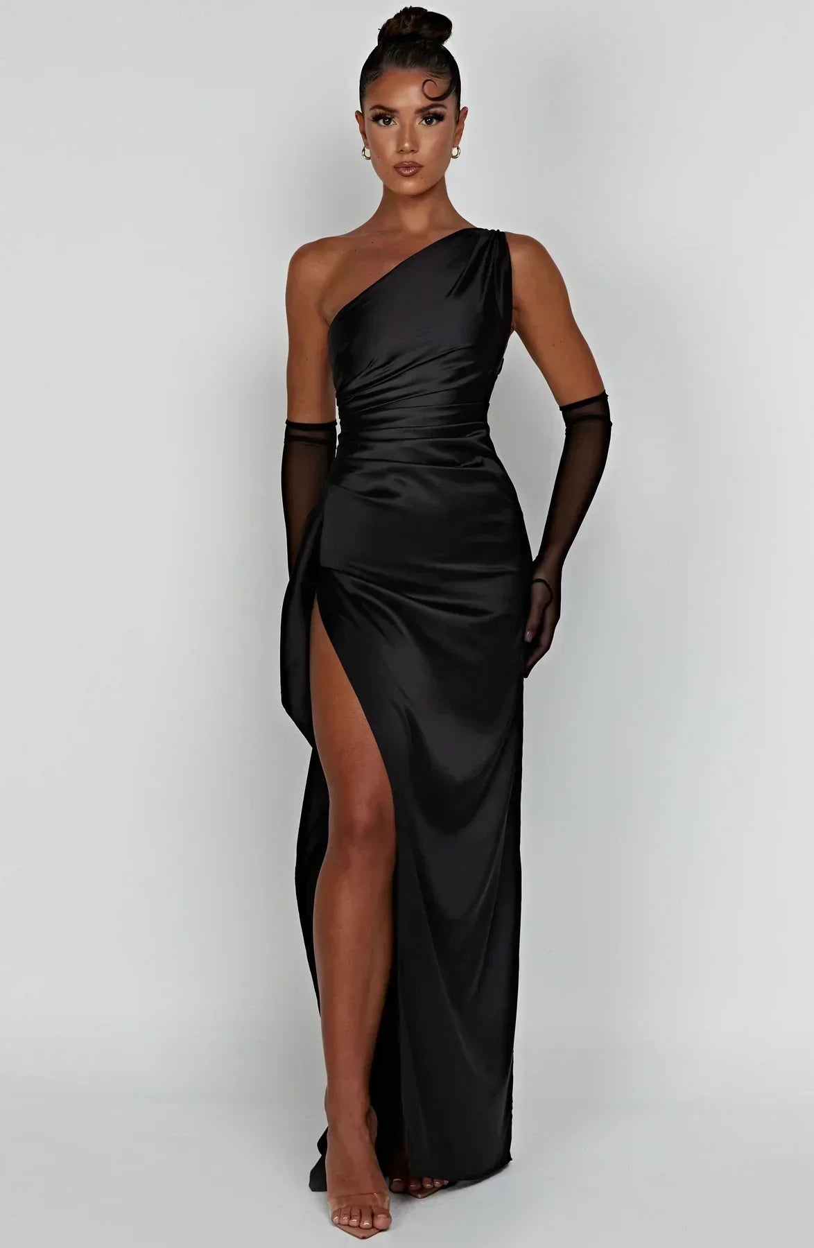 Ruched One Shoulder Satin Maxi Dress - Formal Evening Gown