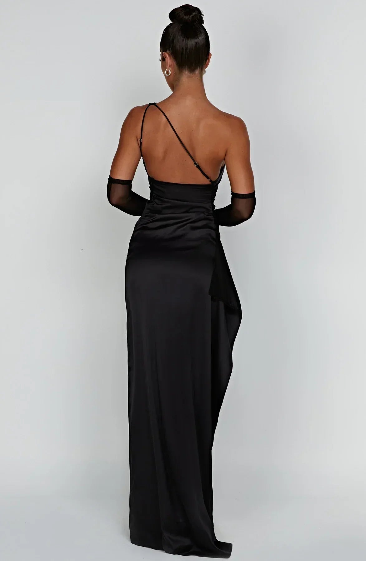 Ruched One Shoulder Satin Maxi Dress - Formal Evening Gown