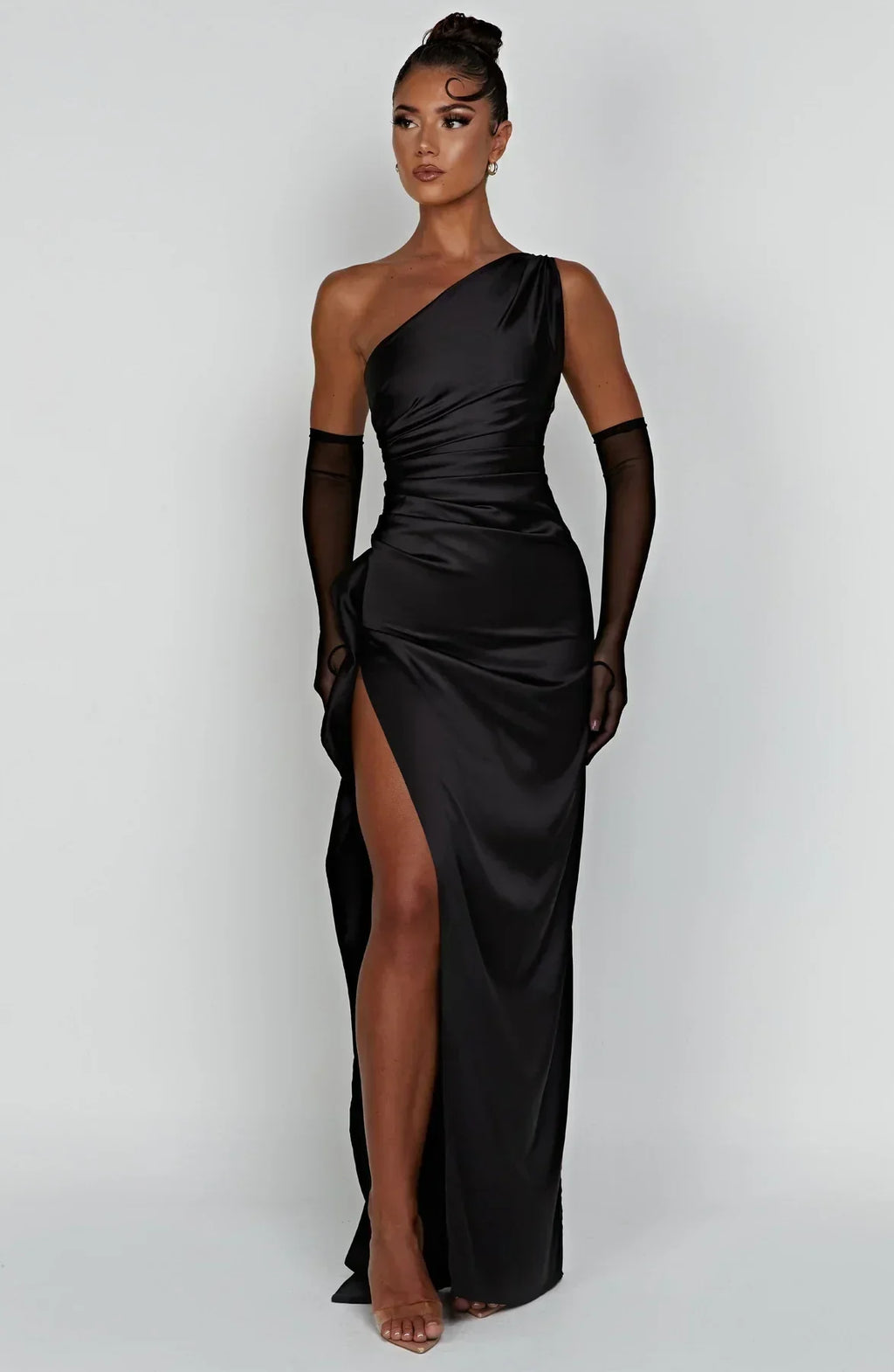 Ruched One Shoulder Satin Maxi Dress - Formal Evening Gown