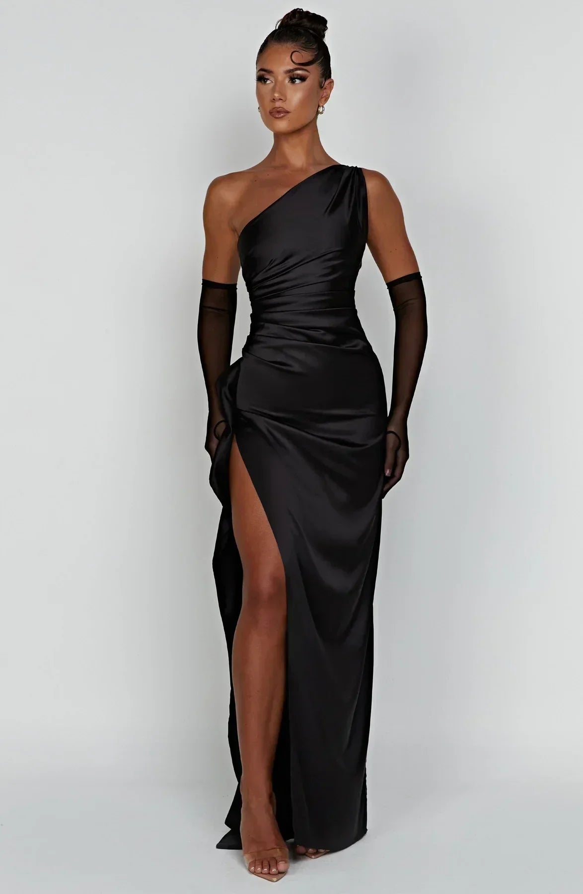 Ruched One Shoulder Satin Maxi Dress - Formal Evening Gown