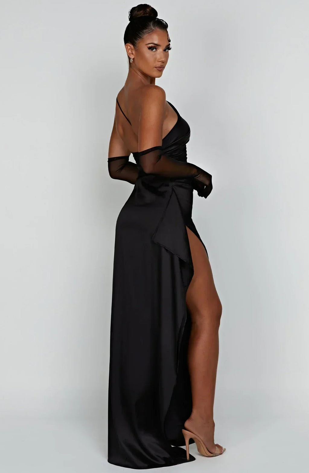 Ruched One Shoulder Satin Maxi Dress - Formal Evening Gown